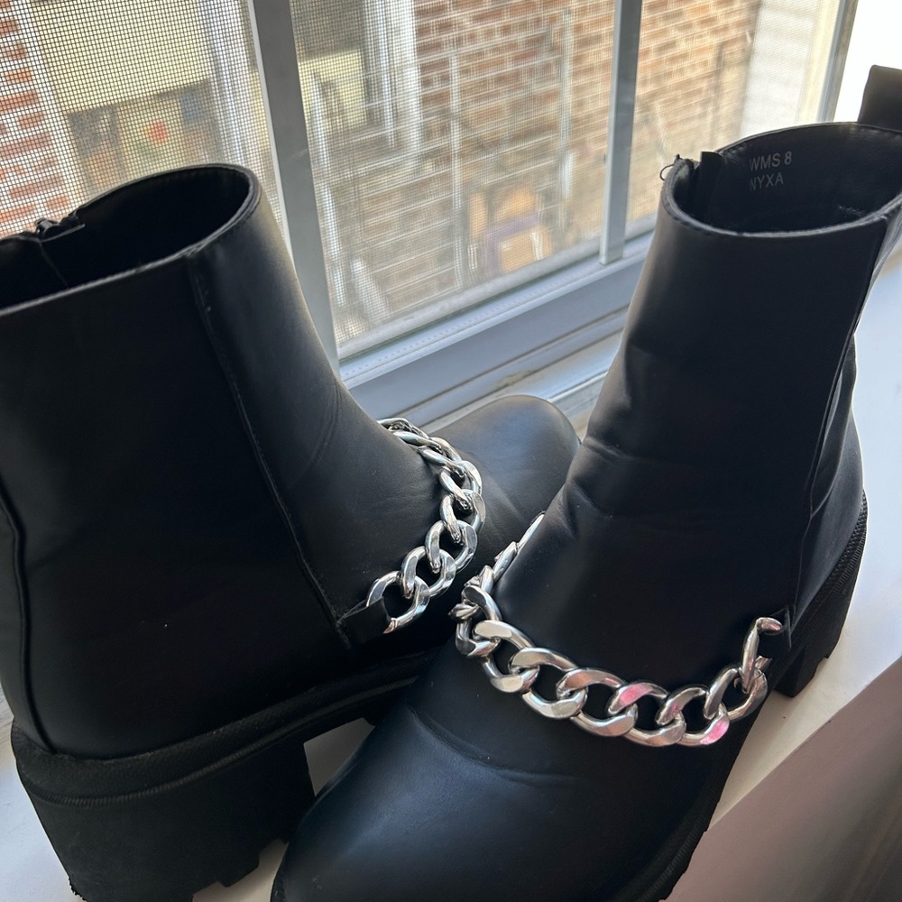 Black Chunky Ankle Boots with Silver Chain - Picture 2 of 3
